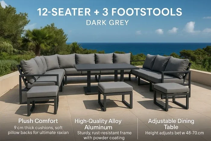 12-Seater Modern Aluminum Sofa Set, Dark Grey