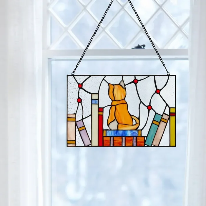13″W Kitten With Books Stained Glass Window Panel
