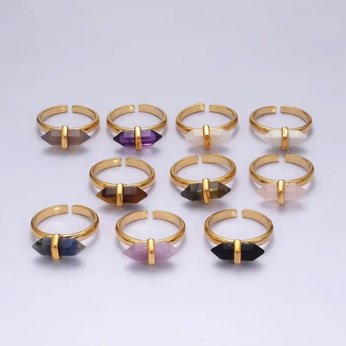 14K Gold Filled Natural Gemstone Pointed Wand Ring Adjustable One Size Fits Most