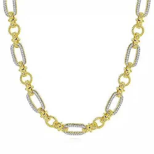 14K Yellow & White Gold Oval Chain Twisted Rope Link Necklace with Pavé Diamond – Gabriel & Co.