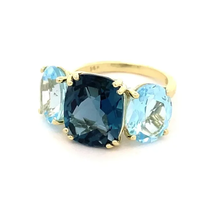 14kt Yellow Gold Ring with London Blue Topaz Flanked by Sky Blue Topaz – Raymond Mazza