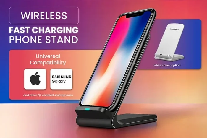15W Wireless Charger Stand – Fast Qi Charging, Portrait/Landscape, ABS – iPhone & Samsung Compatible