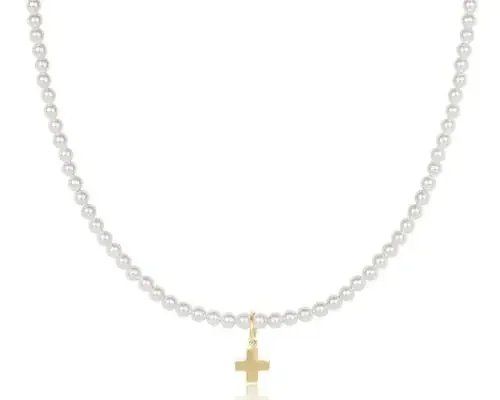 17″ Choker Classic Pearl 3mm Bead – Signature Cross Gold Charm