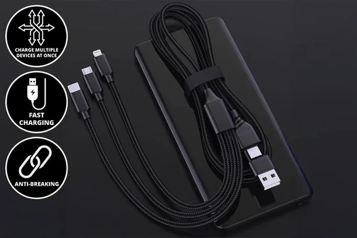 3-in-1 Fast Charging Cable – Universal Braided Nylon Charger for iPhone, Samsung & Android | Lightning, USB-C & Micro-USB | 1.2m Durable Lead