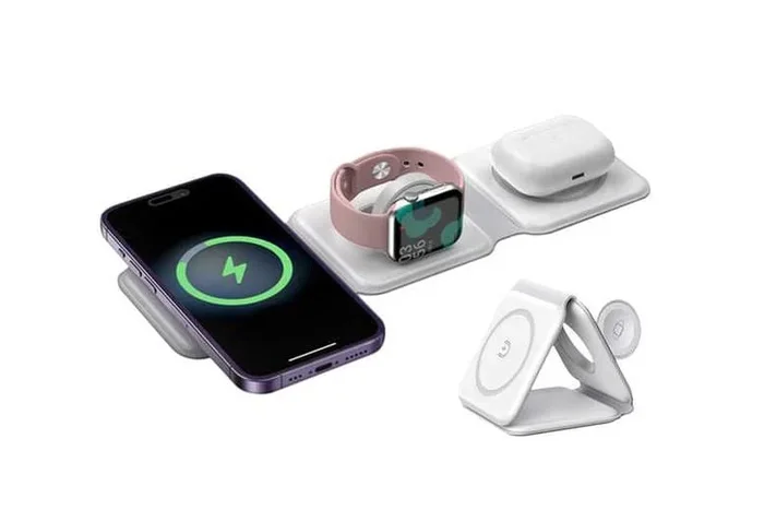 3-in-1 Foldable Magnetic Wireless Charger for iPhone, Apple Watch & AirPods – 15W Fast Charging, MagSafe Compatible, Portable Stand