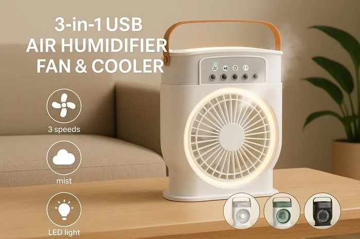 3-in-1 USB Air Humidifier, Adjustable Cooling Fan & LED Mood Lighting – 5 Speeds, Ultra-Quiet, Compact Design (21cm x 11.5cm x 27.5cm)