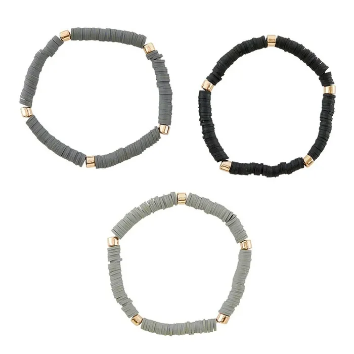3 Pack Bracelet Set in Black / Charcoal / Gray Black Shades Beaded Clay-like Bracelet