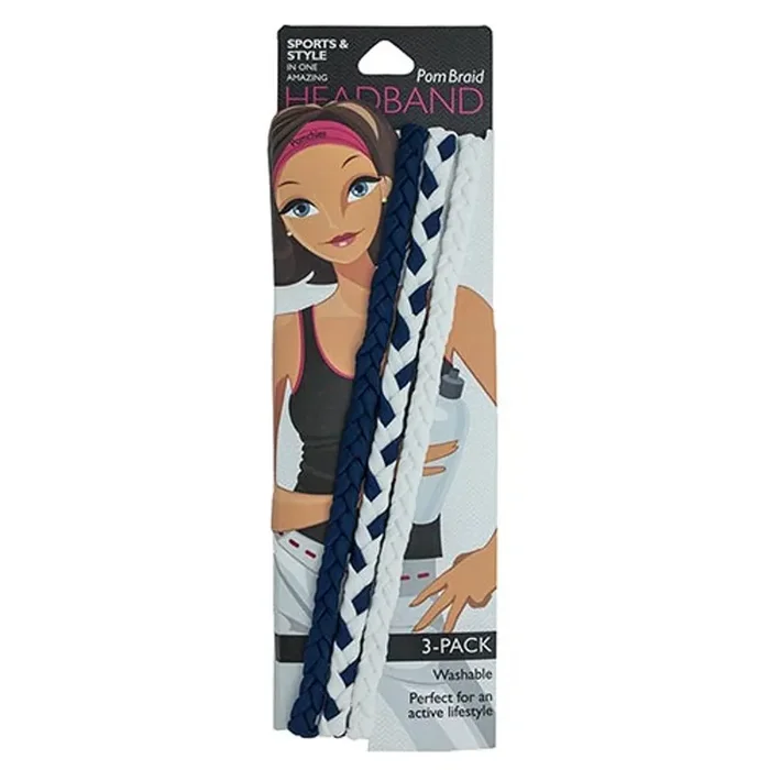3 Pack Pom Braid Navy/White Nylon Headband Hair Accessory