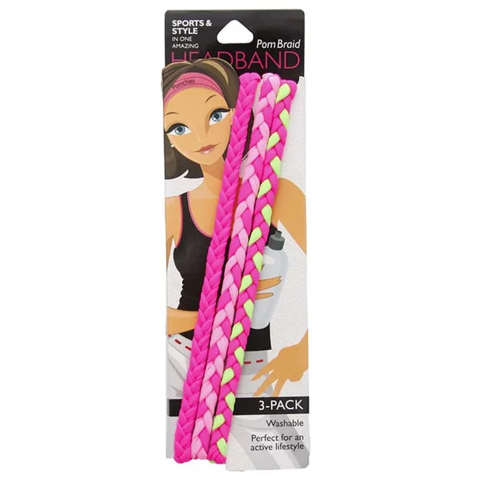 3 Pack Single Pom Braid In the Pink Nylon Headband Hair Accessory