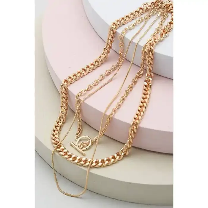3 Row Snake Chain Toggle Layer Necklace Multi Strand Gold Tone Fashion Jewelry