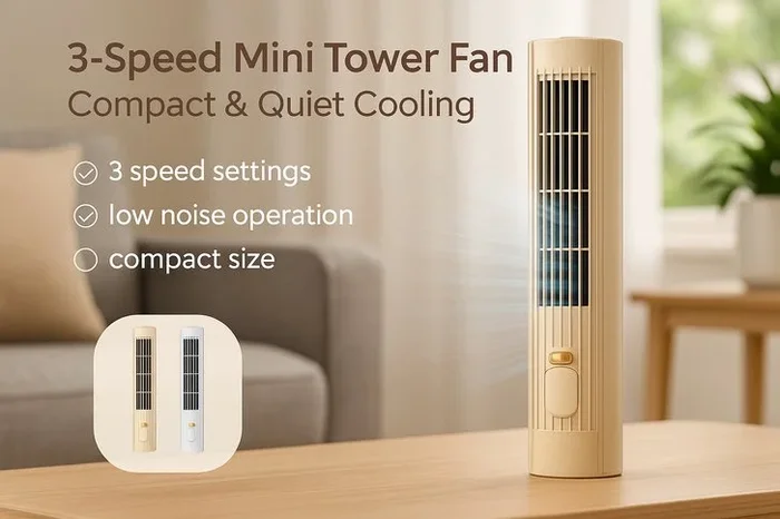 3-Speed Mini Tower Fan – Available in Khaki or White
