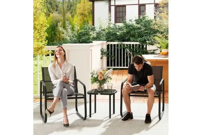 3pc Modern Steel Garden Bistro Set – Black, Weather-Resistant, 2-Seater