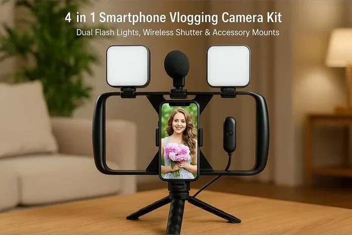 4-in-1 Smartphone Vlogging Kit for Creators – Dimmable LED Fill Lights, Wireless Shutter, Universal Mount