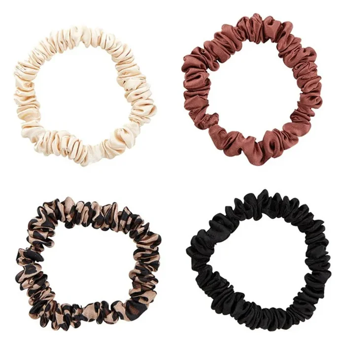 4 Pack Satin Hair Tie Pack in Black / Brown / Cheetah / Nude Stretchy Scrunchies Hair Accessory