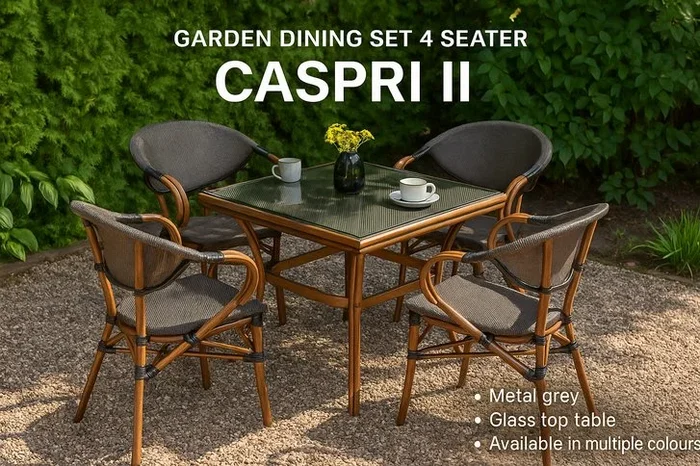 4-Seater Aluminium & Bamboo-Effect Garden Dining Set – Weather-Resistant, Modern Grey