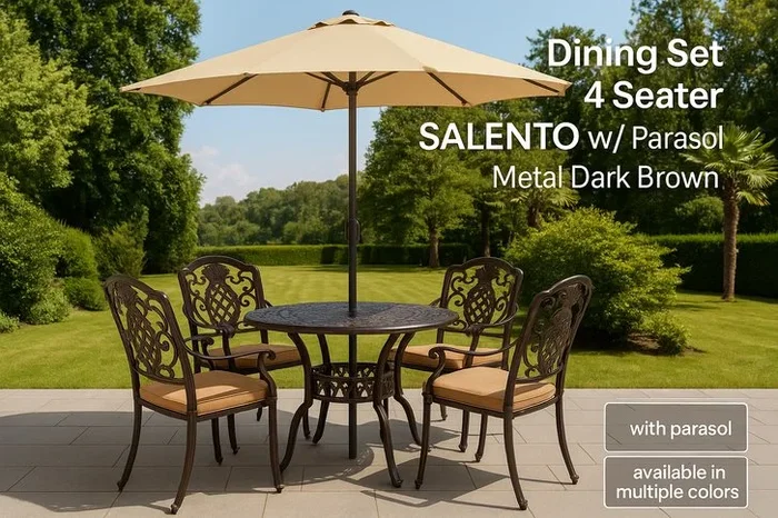 4-Seater Aluminium Garden Dining Set with Parasol – Weather-Resistant, Retro Brown