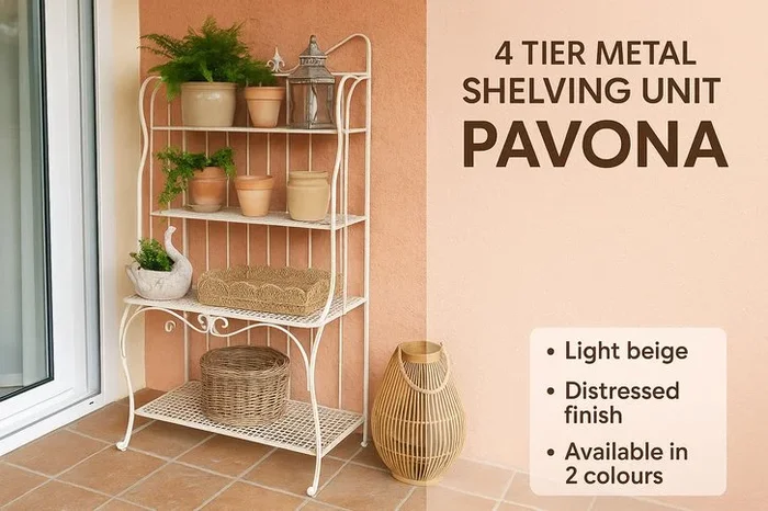 4 Tier Metal Garden Storage Shelving Unit – Weatherproof, Heavy Duty, Light Beige