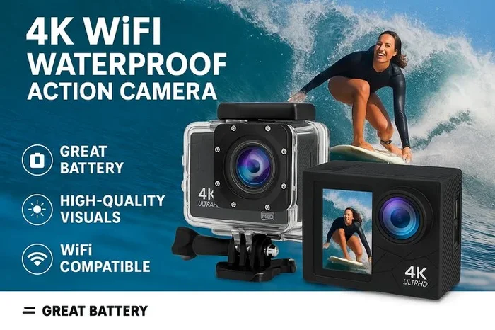 4K Action Cam – Waterproof 30m, 170° Wide-Angle, WiFi, Ultra HD Video