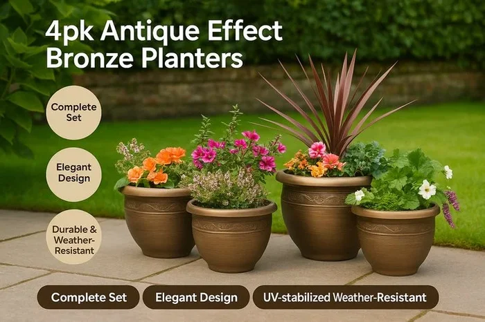 4pk Antique Effect Bronze Garden Planters – Weather-Resistant Set