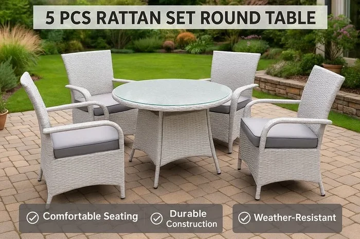 5 Piece PE Rattan Weather-Resistant Outdoor Dining Set – Round Table, Reclining Chairs