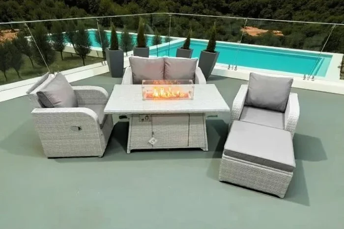 5-Piece Rattan Reclining Dining Set with Firepit Table
