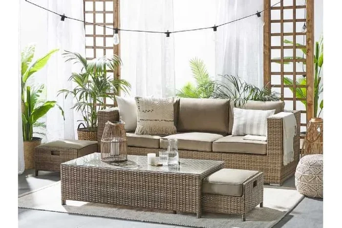 5-Seater Brown PE Rattan Garden Lounge Set – Weather-Resistant, Modern Outdoor Sofa & Table