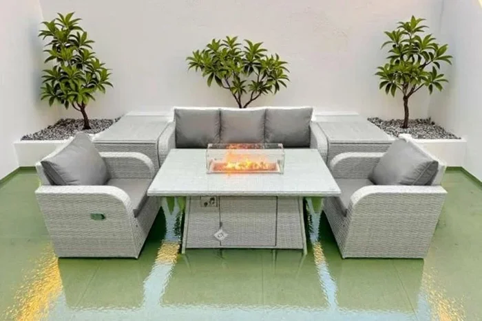 5-Seater Rattan Lounge Set with Firepit & Reclining Chairs