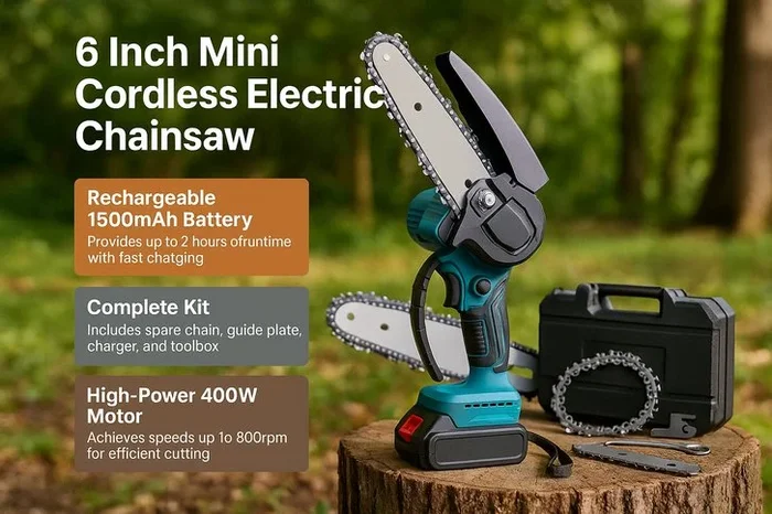 6-Inch Mini Cordless Electric Chainsaw – Lightweight, Rechargeable, and Safe for Effortless Garden Cutting