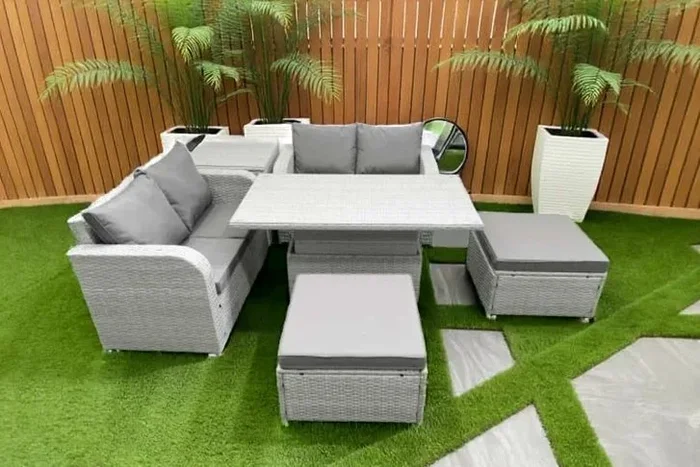 6-Piece Weather-Resistant Rattan Garden Dining Set with Adjustable Table – Seats 6