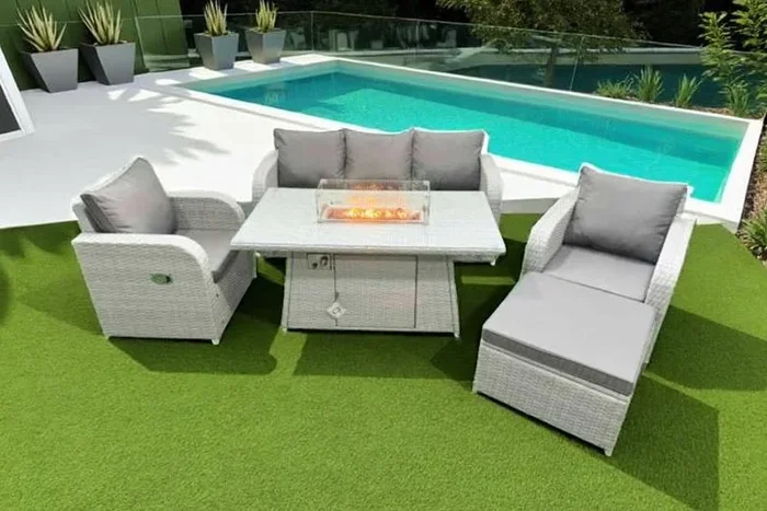 6-Seater PE Rattan Garden Dining Set with Reclining Chairs & Firepit Table – Weather-Resistant, Modern Outdoor Lounge