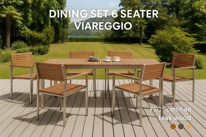 6 Seater Teak Garden Dining Set – FSC® Certified, Weather-Resistant, Modern Outdoor Table & Chairs