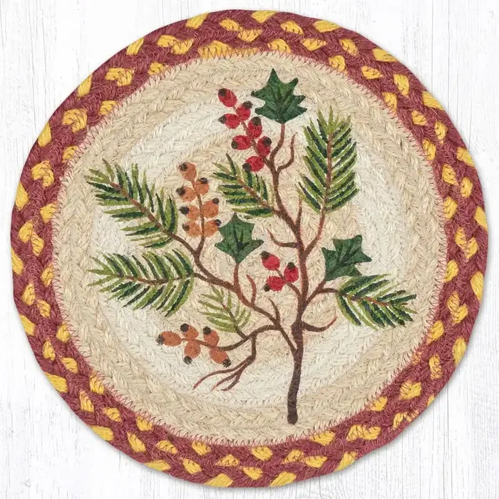 7″ Jute Berries Evergreen Holly Round Trivet