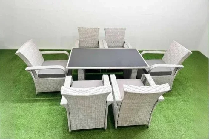 7 Piece PE Rattan Reclining Dining Set – Weather-Resistant, Modern Garden Furniture