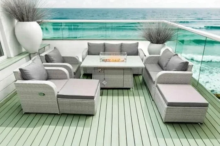 7-Seater PE Rattan Reclining Garden Sofa & Firepit Dining Set – Weatherproof