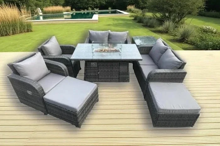 8-Seater Luxurious PE Rattan Sofa Set with Elegant Firepit