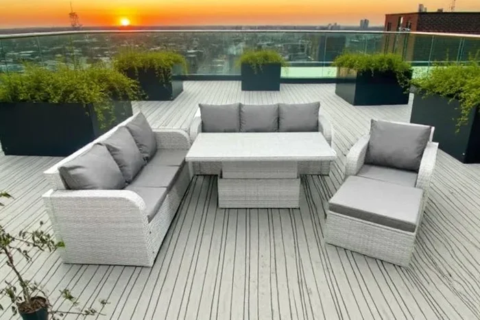 8-Seater PE Rattan Dining Set with Reclining Sun Lounger & Lifting Table – Weather-Resistant, Modern Garden Furniture