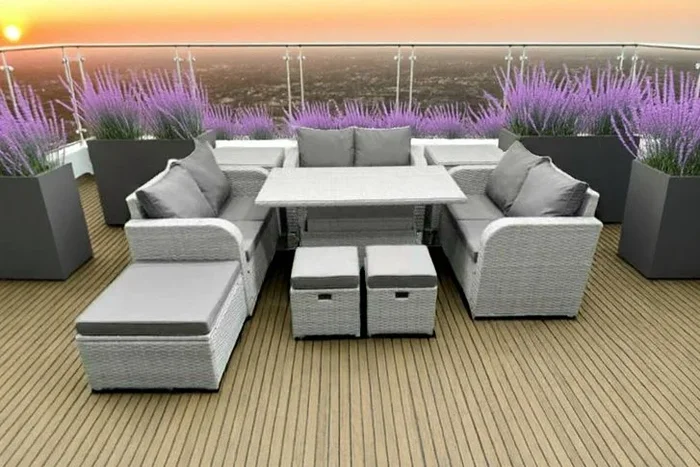 9-Seater Rattan Garden Lounge Set with Lifting Table & Stools