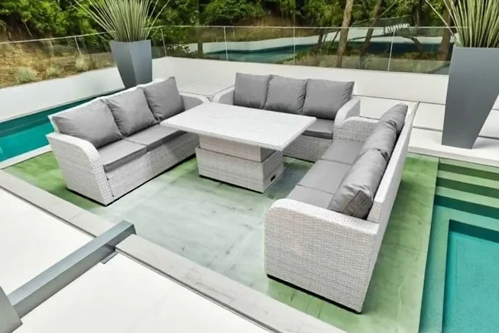 9-Seater Rattan Sofa Set with Adjustable Table & Side Tables