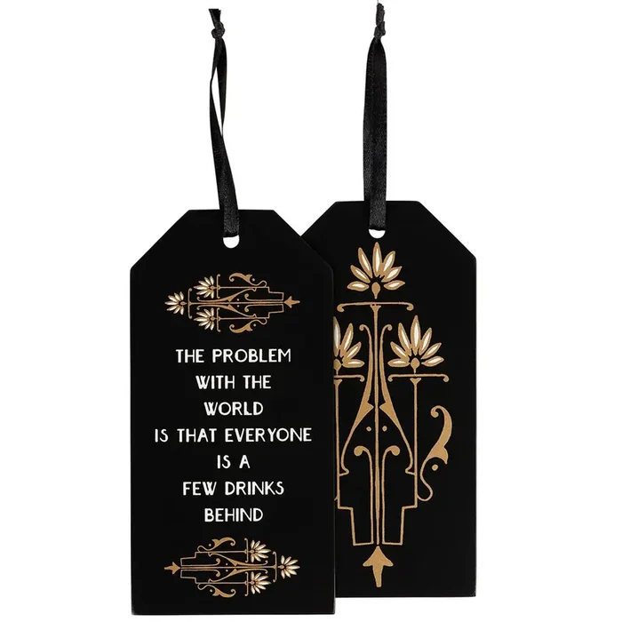 A Few Drinks Behind Wooden Bottle Tag in Black and Gold Art Deco Wine Bottle Gift Tag