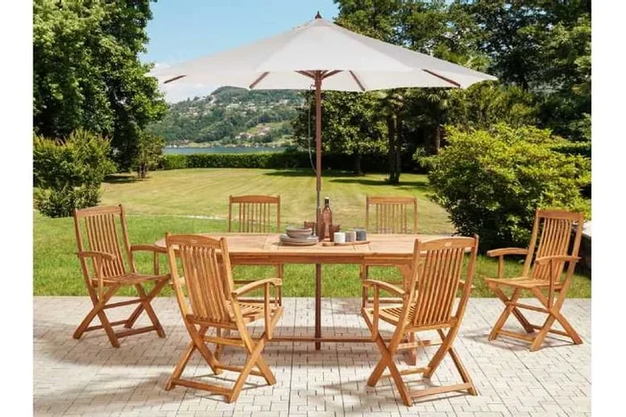 Acacia Wood 6-Seater Foldable Outdoor Dining Set with Parasol – Weather-Resistant Modern Garden Furniture