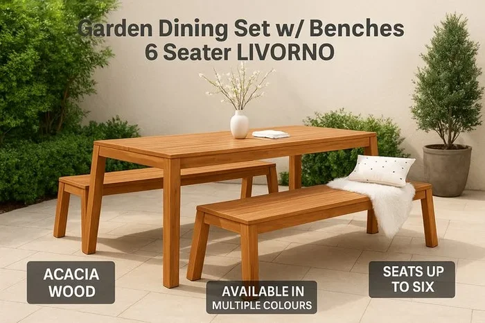 Acacia Wood 6-Seater Rustic Garden Dining Set with Benches – Weather-Resistant, Sturdy & Stylish