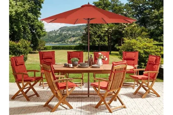 Acacia Wood 8-Seater Outdoor Dining Set with Parasol – Weather-Resistant, Foldable Chairs, Modern Garden Furniture