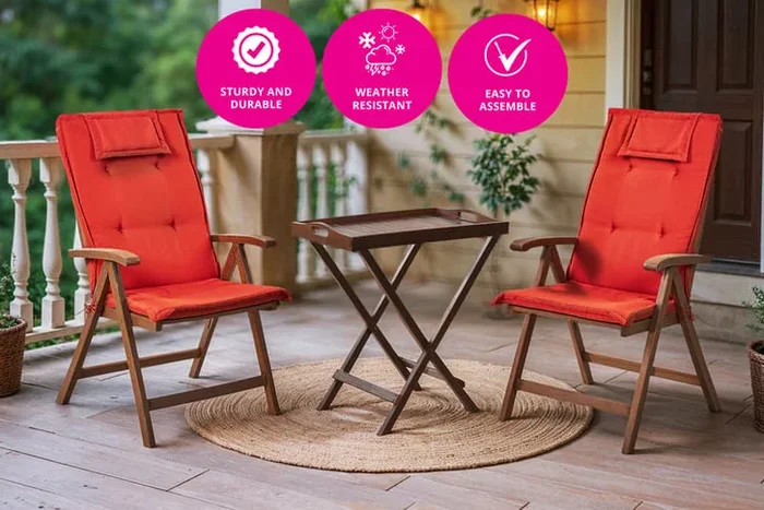 Acacia Wood Folding Bistro Set with Cushions – 2 Seater Rustic Outdoor Garden Furniture