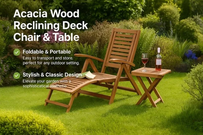 Acacia Wood Furniture – Reclining Deck Chair & Table Options – Classic & Durable Outdoor Furniture