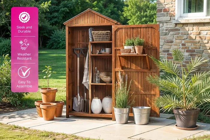 Acacia Wood Weather-Resistant Garden Storage Cabinet – 100cm, Modern Brown, Outdoor Tool Shed