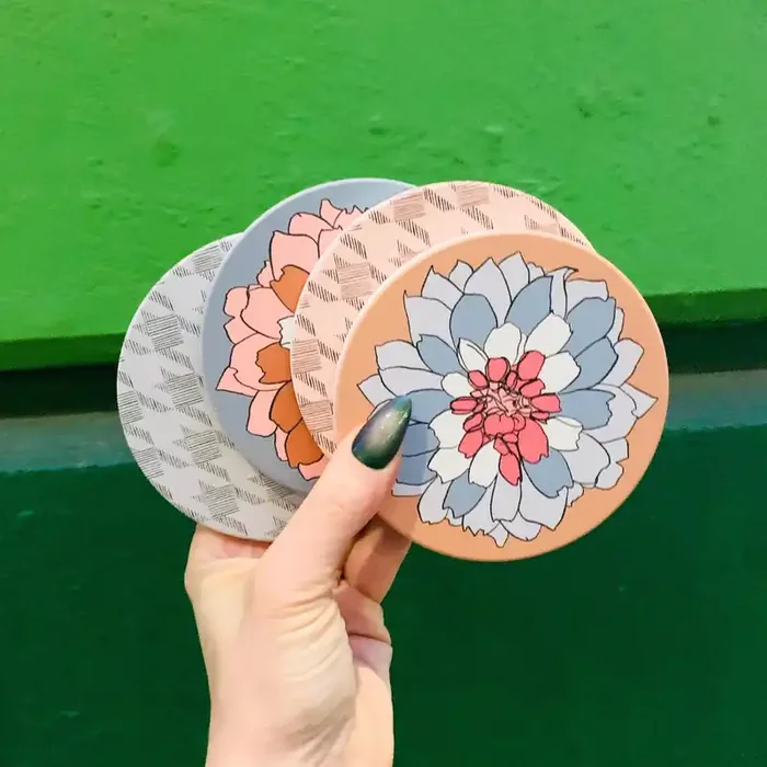 Achieve Ceramic Coaster Set Set of 4 Floral & Houndstooth Design Beverage Coasters