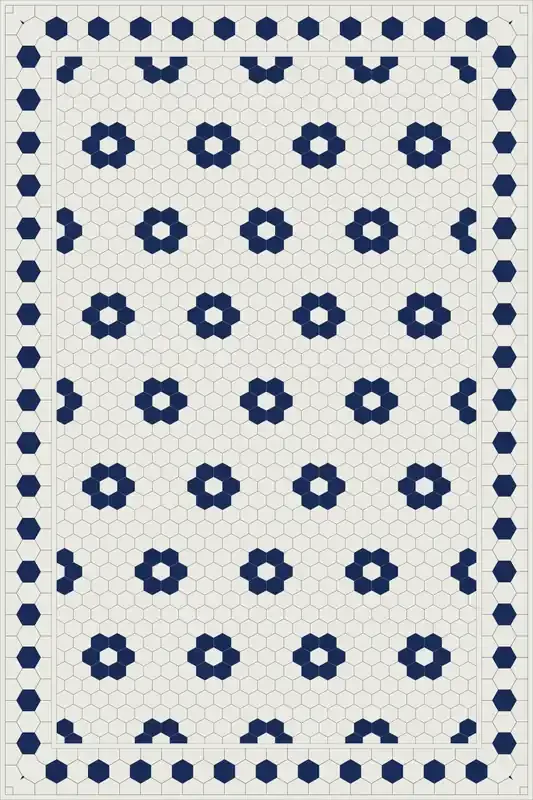 Adama Vinyl Floor Rug (Aster Blue/Cream Tile Border)