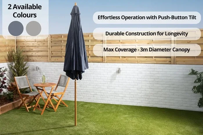 Alfresia 3m Wooden Weather-Resistant Garden Parasol – Large Tilt Canopy