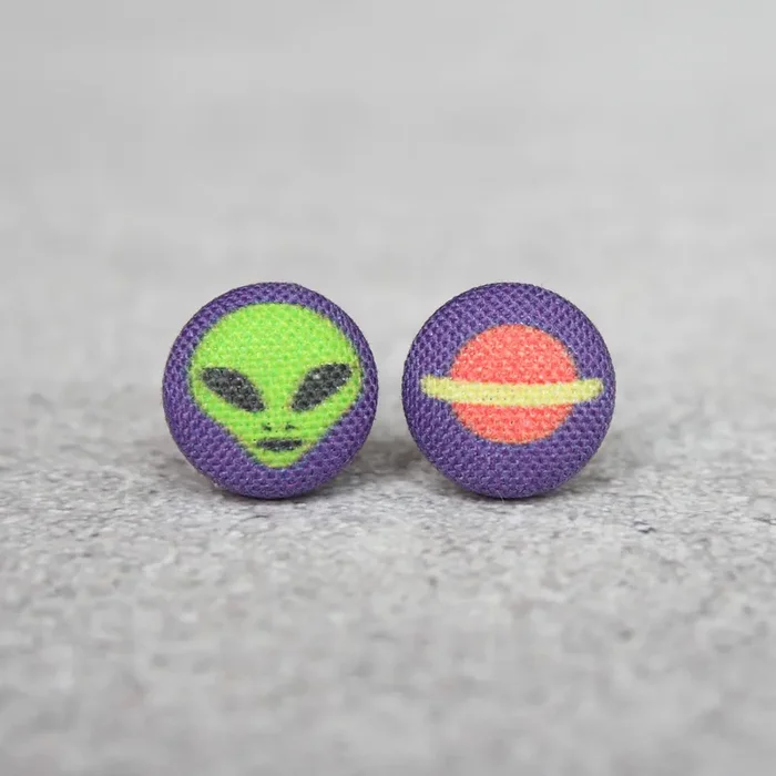 Alien Fabric Button Earrings Handmade in the US