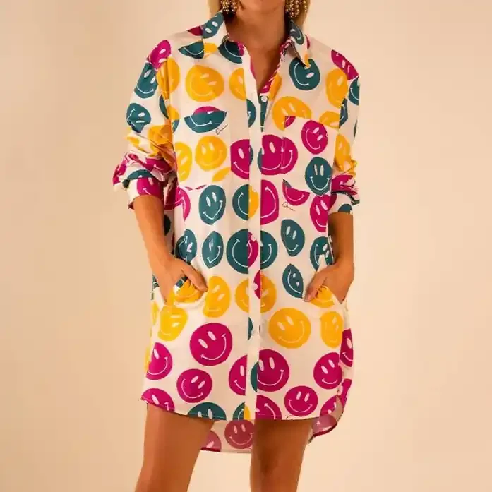 All Over Smiley Preslie Poplin Shirt Dress Organic Cotton Beltable Dress or Tunic with Pockets